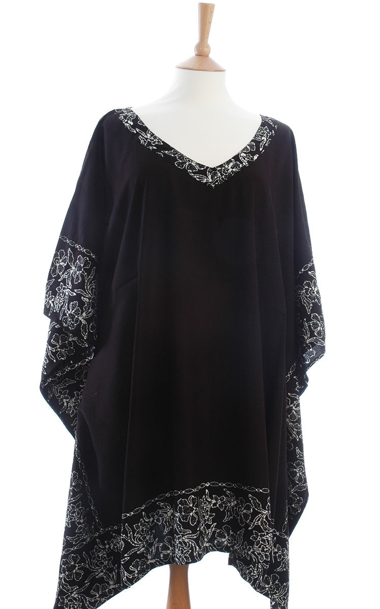 Black Kaftan with a White Bali flower Batik Border from Your Sarong
