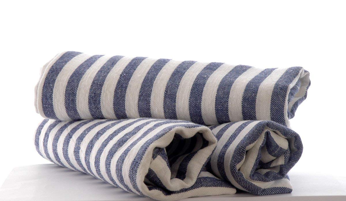 3 large Pure Linen Tea Towels in Denim Blue Stripe 80x50cm