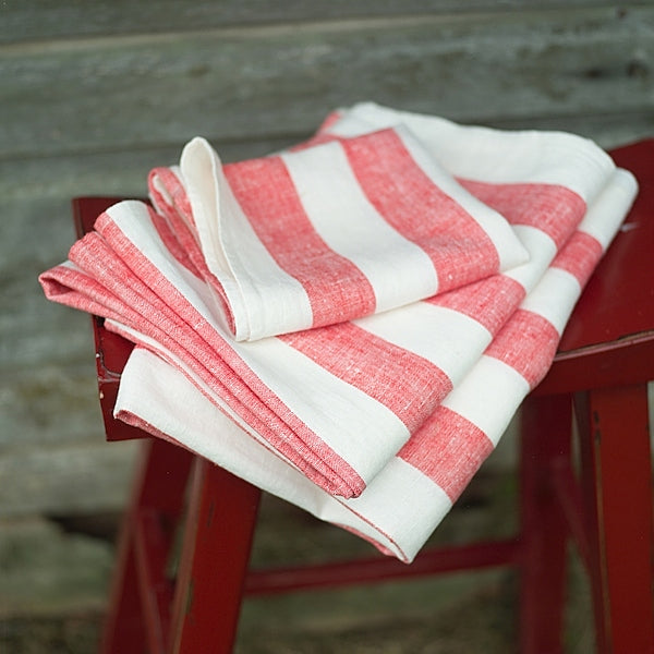 Striped Linen towel in Dorset Red Stripe with Hanging Loop