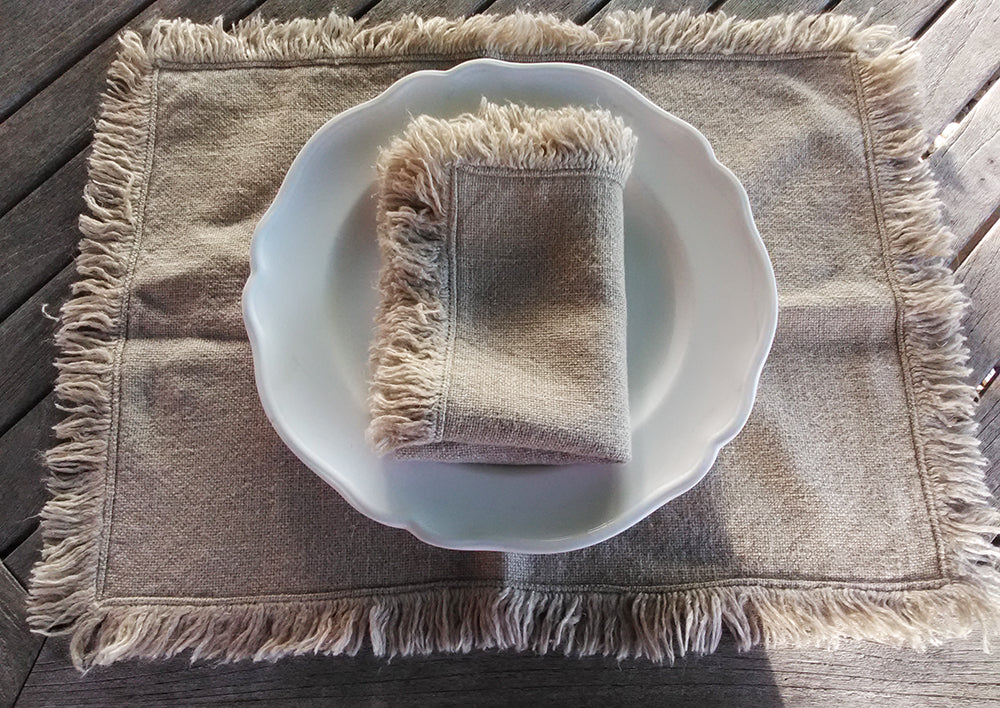 French linen fringed placemats and napkin in plain flax