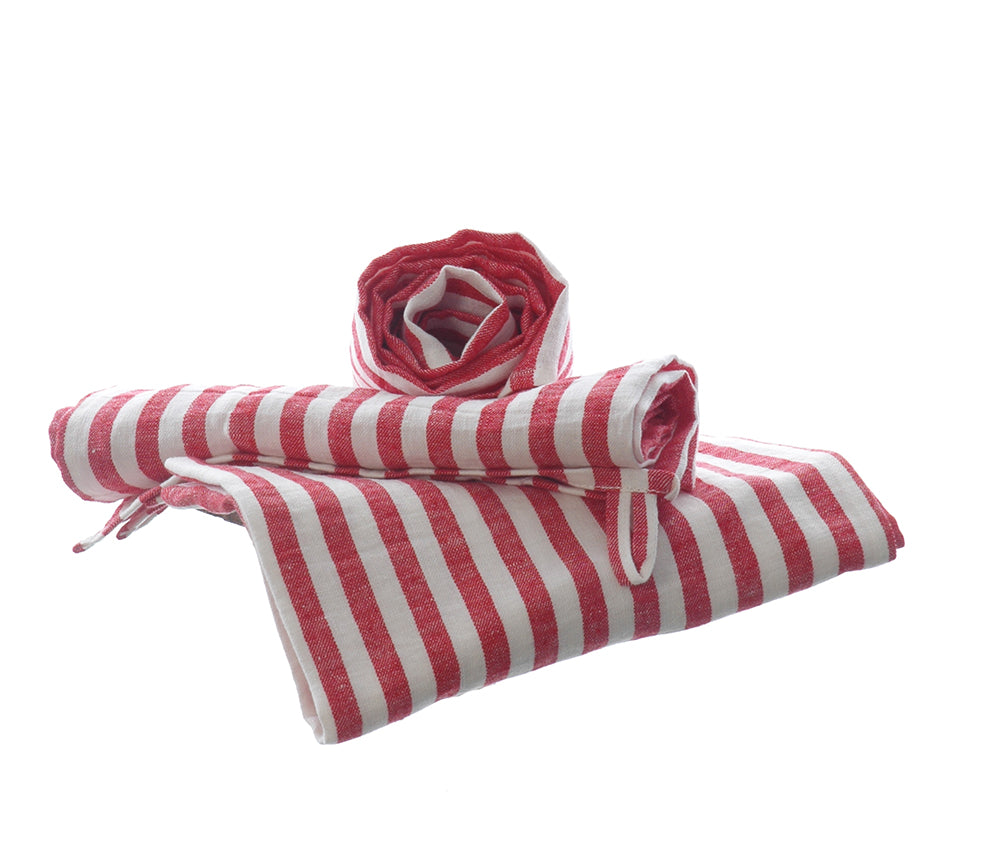 3 Red and white pure linen striped tea towels large