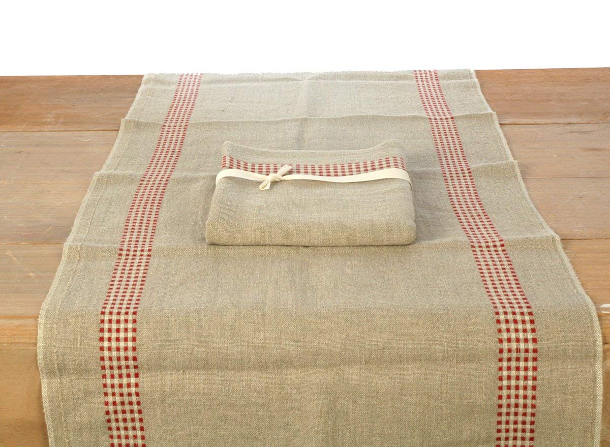 Pure linen table runner with red checked detailing