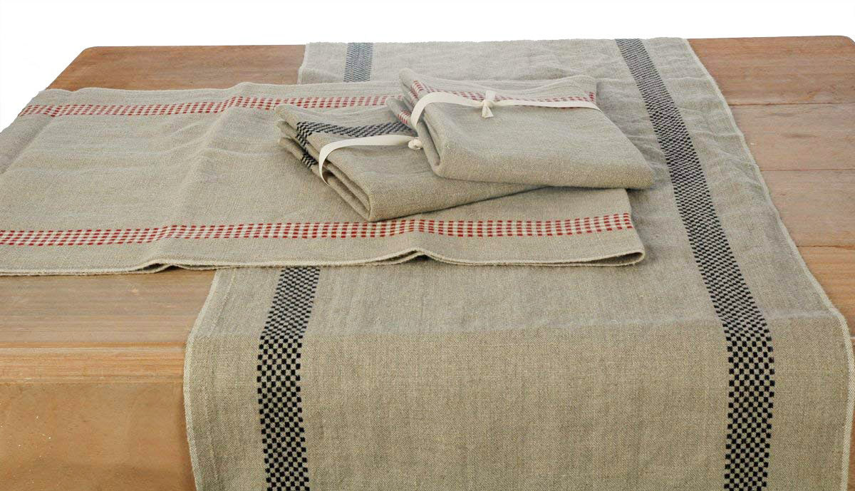 Pure French Linen Long Table Runners with Woven Stripe Check Detailing