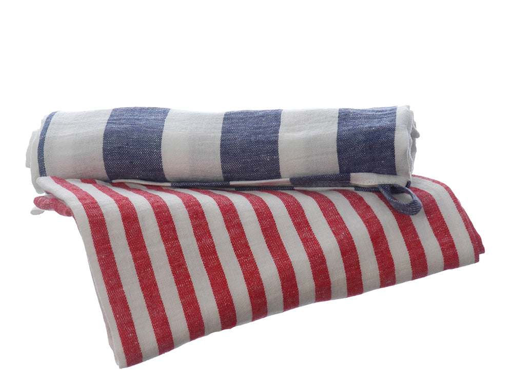 Set of 2 Linen Tea Towels in Red and Blue Stripes With Useful Hanging Loops