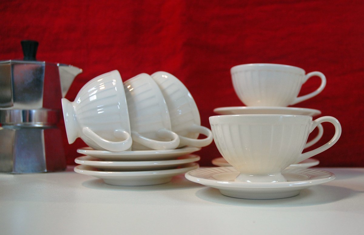 2 Ivory Cream Fine Ironstone China Espresso Cups and Saucers Step Design