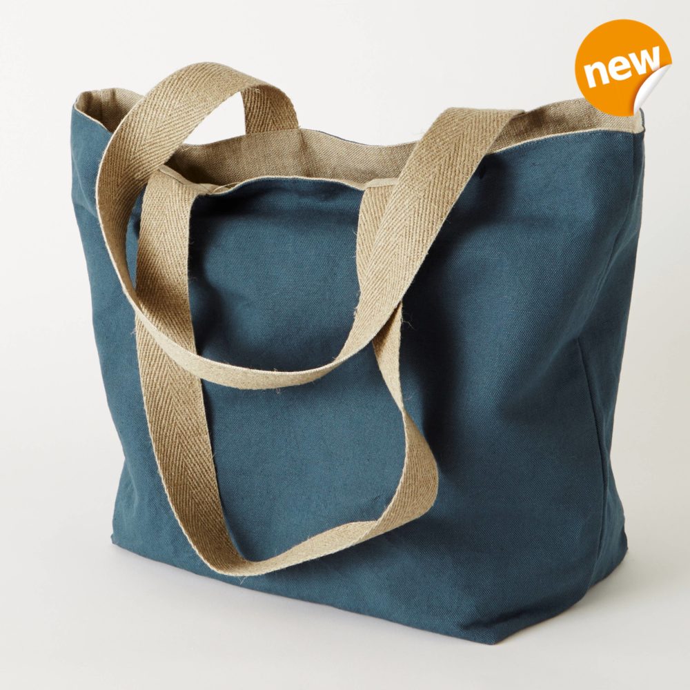 Petrol blue vintage linen shopping bag